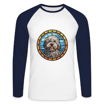 Puli chien race vitrail aquarelle colorée - T-shirt baseball manches longues Homme - blanc/marine - Devant - Nik (191cm)