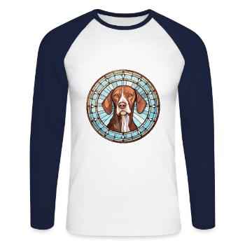 Vieux chien d’arrêt danois race vitrail Colorfu - T-shirt baseball manches longues Homme - blanc/marine - Devant - Nik (191cm)