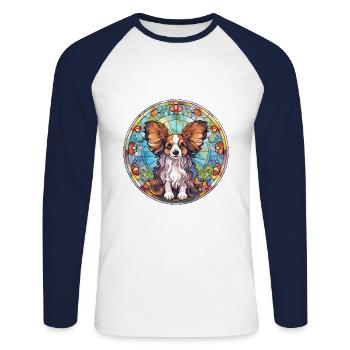 Papillon chien race vitrail coloré watercol - T-shirt baseball manches longues Homme - blanc/marine - Devant - Nik (191cm)