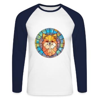 Spitz de Poméranie chien race vitrail coloré - T-shirt baseball manches longues Homme - blanc/marine - Devant - Nik (191cm)