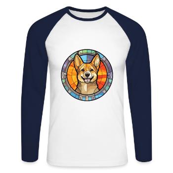 Suédois Vallhund chien race vitrail coloré - T-shirt baseball manches longues Homme - blanc/marine - Devant - Nik (191cm)