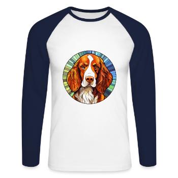 Welsh Springer Spaniel chien race vitrail Col - T-shirt baseball manches longues Homme - blanc/marine - Devant - Nik (191cm)