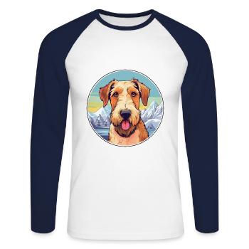 Airedale Terrier chien race dessin animé Kawaii Watercol - T-shirt baseball manches longues Homme - blanc/marine - Devant - Nik (191cm)