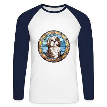 Schapendoes chien race vitrail coloré eau - T-shirt baseball manches longues Homme - blanc/marine - Devant - Nik (191cm)
