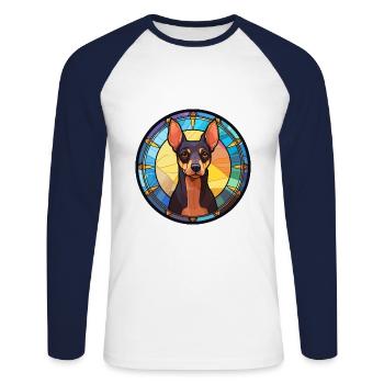 Jouet Manchester Terrier chien race vitrail Col - T-shirt baseball manches longues Homme - blanc/marine - Devant - Nik (191cm)