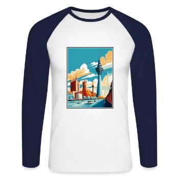 Dusseldorf Germany Vintage Travel Poster Souvenir - Unisex Long Sleeve Baseball T-Shirt - white/navy - Front - Nik (191cm)