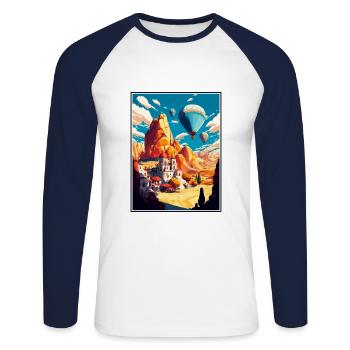 Cappadoce Décoration Vintage Voyage Affiche WPA - T-shirt baseball manches longues Homme - blanc/marine - Devant - Nik (191cm)