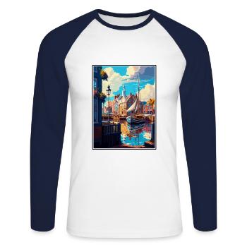Dordrecht Niederlande Vintage Reiseposter WPA - Unisex Baseballshirt langarm - Weiß/Navy - Vorne - Nik (191cm)