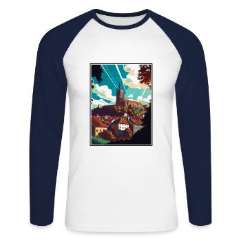 Fribourg Suisse Vintage voyage affiche WPA Art - T-shirt baseball manches longues Homme - blanc/marine - Devant - Nik (191cm)