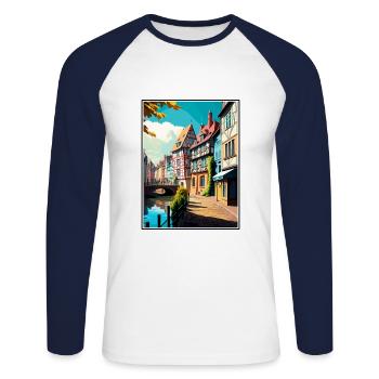 Colmar France Vintage Travel Poster WPA Souvenir - Unisex Long Sleeve Baseball T-Shirt - white/navy - Front - Nik (191cm)