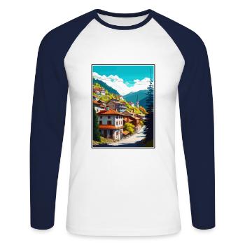 Artvin Turkey Vintage Travel Poster WPA Souvenir - Unisex Long Sleeve Baseball T-Shirt - white/navy - Front - Nik (191cm)