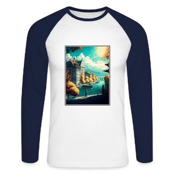 Genève Suisse Vintage voyage affiche Souvenir - T-shirt baseball manches longues Homme - blanc/marine - Devant - Nik (191cm)