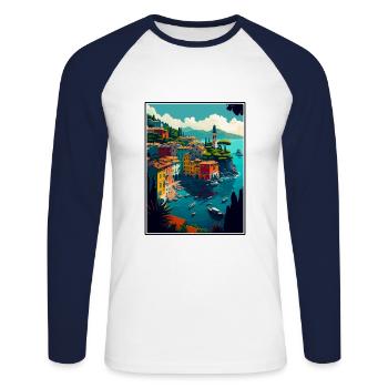 Portofino Italien Vintage Reiseposter WPA Souvenir - Unisex Baseballshirt langarm - Weiß/Navy - Vorne - Nik (191cm)
