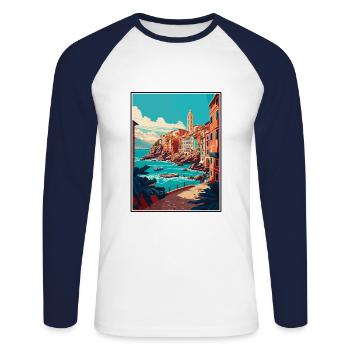 Genoa Italy Vintage Travel Poster WPA Souvenir - Unisex Long Sleeve Baseball T-Shirt - white/navy - Front - Nik (191cm)