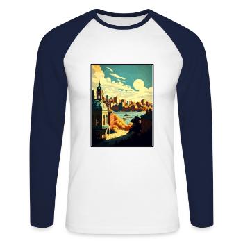 Oslo Norway Vintage Travel Poster WPA Souvenir - Unisex Long Sleeve Baseball T-Shirt - white/navy - Front - Nik (191cm)
