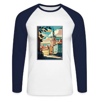 Poznan European Poland Vintage Travel Poster WPA - Unisex Long Sleeve Baseball T-Shirt - white/navy - Front - Nik (191cm)