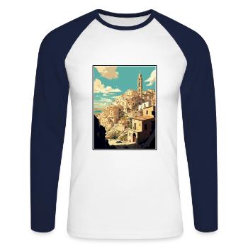 Matera Italy Vintage Travel Poster WPA Souvenir - Unisex Long Sleeve Baseball T-Shirt - white/navy - Front - Nik (191cm)