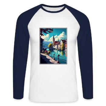 Thun Schweiz Vintage Reiseposter Souvenir - Unisex Baseballshirt langarm - Weiß/Navy - Vorne - Nik (191cm)