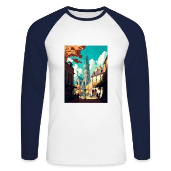 Rouen France Vintage voyage affiche WPA Souvenir - T-shirt baseball manches longues Homme - blanc/marine - Devant - Nik (191cm)