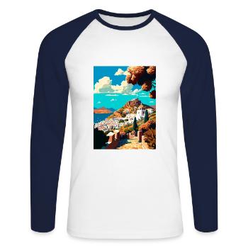 Patmos Grèce Décoration Grec Voyage Affiche - T-shirt baseball manches longues Homme - blanc/marine - Devant - Nik (191cm)