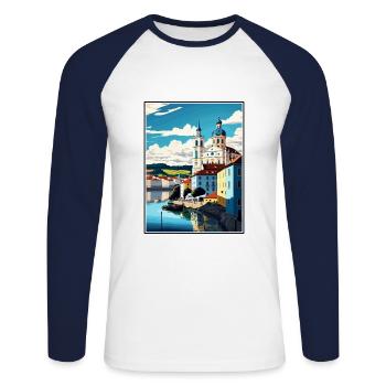 Passau Allemagne Vintage voyage affiche WPA Souvenir - T-shirt baseball manches longues Homme - blanc/marine - Devant - Nik (191cm)