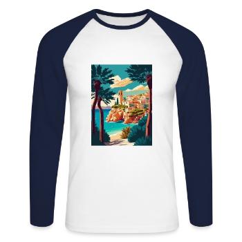 Mallorca Spanien Vintage Reiseposter WPA Souvenir - Unisex Baseballshirt langarm - Weiß/Navy - Vorne - Nik (191cm)