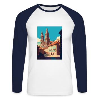 Santiago De Compostela Spain Vintage Travel Poster - Unisex Long Sleeve Baseball T-Shirt - white/navy - Front - Nik (191cm)