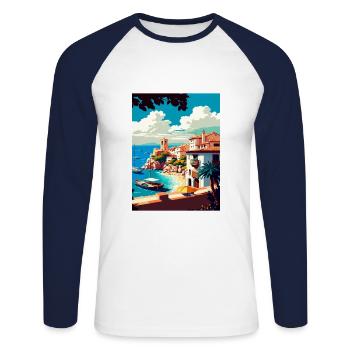 Costa Brava Spanien Vintage Reiseposter Souvenir - Unisex Baseballshirt langarm - Weiß/Navy - Vorne - Nik (191cm)