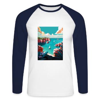 Menorca Spain Vintage Travel Poster WPA Souvenir - Unisex Long Sleeve Baseball T-Shirt - white/navy - Front - Nik (191cm)
