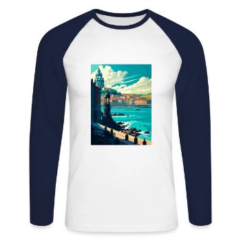 La Corogne Espagne Vintage voyage affiche WPA Souvenir - T-shirt baseball manches longues Homme - blanc/marine - Devant - Nik (191cm)