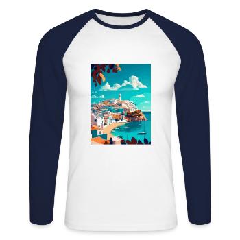 Ibiza Spanien Vintage Reiseposter WPA Souvenir - Unisex Baseballshirt langarm - Weiß/Navy - Vorne - Nik (191cm)