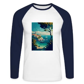 Antibes France Vintage Voyage Affiche WPA Souvenir - T-shirt baseball manches longues Homme - blanc/marine - Devant - Nik (191cm)