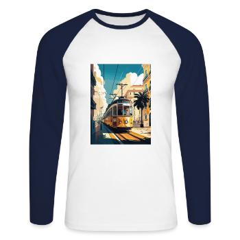 Lisbon Portugal Tram Vintage Travel Poster WPA Art - Unisex Long Sleeve Baseball T-Shirt - white/navy - Front - Nik (191cm)