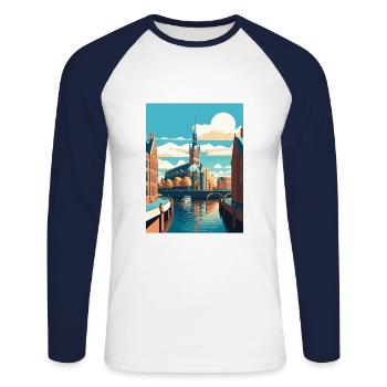 Hambourg Allemagne Vintage voyage affiche WPA Souvenir - T-shirt baseball manches longues Homme - blanc/marine - Devant - Nik (191cm)