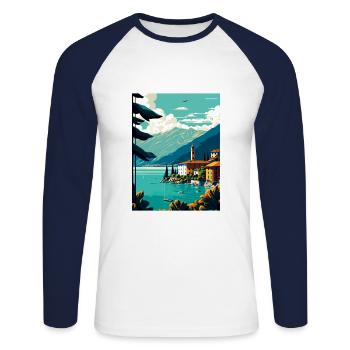 Lake Como Italy Decoration Vintage Travel Poster - Unisex Long Sleeve Baseball T-Shirt - white/navy - Front - Nik (191cm)