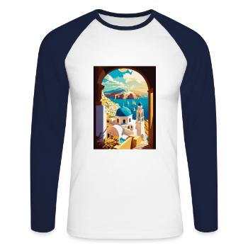 Santorin Grèce décoration grec voyage affiche - T-shirt baseball manches longues Homme - blanc/marine - Devant - Nik (191cm)