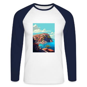 Eze France Coastal Vintage Travel Poster Souvenir - Unisex Long Sleeve Baseball T-Shirt - white/navy - Front - Nik (191cm)