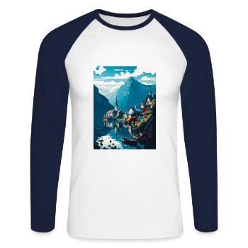 Lac de Hallstatt, Autriche, Paysage de montagne alpine - T-shirt baseball manches longues Homme - blanc/marine - Devant - Nik (191cm)