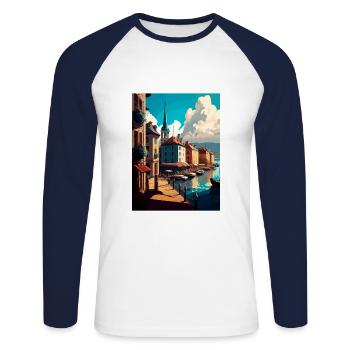 Bayonne France Vintage Travel Poster WPA Souvenir - Unisex Long Sleeve Baseball T-Shirt - white/navy - Front - Nik (191cm)