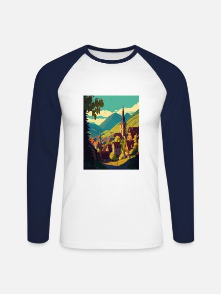 Transylvania Romania Village Room Travel Poster - Unisex Long Sleeve Baseball T-Shirt - white/navy