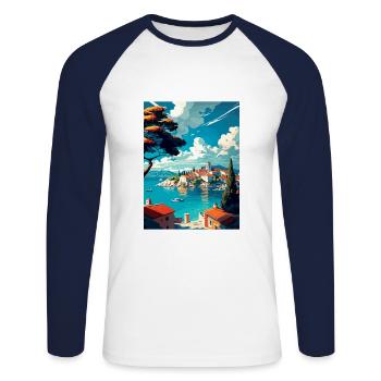 Dalmacija Hrvatska Croatia Coastal Travel Poster - Unisex Long Sleeve Baseball T-Shirt - white/navy - Front - Nik (191cm)