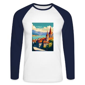 Lausanne Suisse Vintage voyage affiche WPA Art - T-shirt baseball manches longues Homme - blanc/marine - Devant - Nik (191cm)