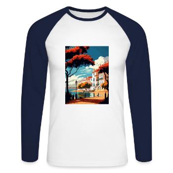 Tavira Portugal Vintage Reiseposter WPA Souvenir - Unisex Baseballshirt langarm - Weiß/Navy - Vorne - Nik (191cm)
