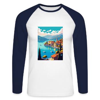 Lago Maggiore Schweiz Vintage Reiseposter - Unisex Baseballshirt langarm - Weiß/Navy - Vorne - Nik (191cm)