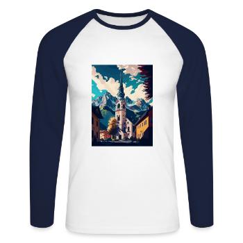 St. Johann in Tirol Österreich Vintage Reiseposter - Unisex Baseballshirt langarm - Weiß/Navy - Vorne - Nik (191cm)