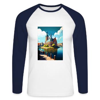 Szczecin Pologne Vintage voyage affiche WPA Souvenir - T-shirt baseball manches longues Homme - blanc/marine - Devant - Nik (191cm)
