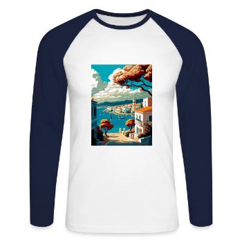 Spetses Griechenland Dekoration Vintage Reise Poster - Unisex Baseballshirt langarm - Weiß/Navy - Vorne - Nik (191cm)