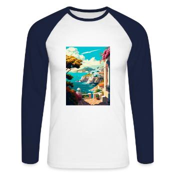 Milos Griechenland Dekoration Vintage Reise Poster WPA - Unisex Baseballshirt langarm - Weiß/Navy - Vorne - Nik (191cm)