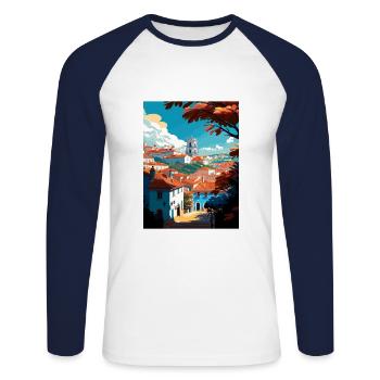 Tomar Portugal Vintage voyage affiche WPA Souvenir - T-shirt baseball manches longues Homme - blanc/marine - Devant - Nik (191cm)
