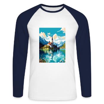 Lac de Bled Slovénie Vintage voyage affiche Souvenir - T-shirt baseball manches longues Homme - blanc/marine - Devant - Nik (191cm)